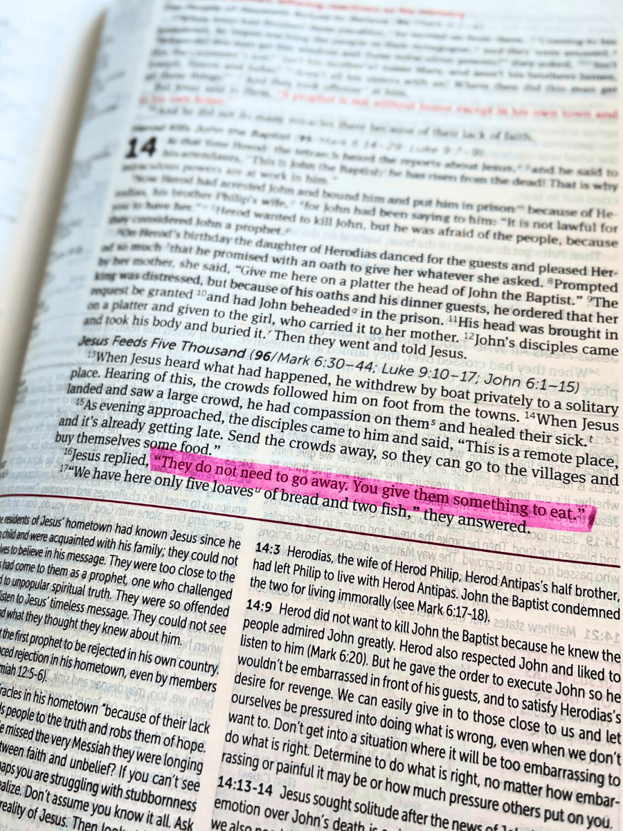 bible verse matthew 14:16 highlighted in the bible