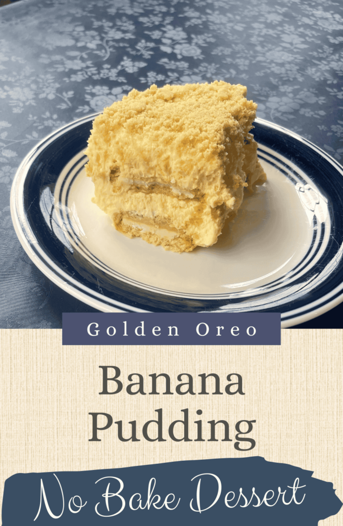 pin image to easily save the golden oreo banana pudding recipe for later