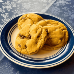 three soft peanut butter chocolate chip cookies on a small white and navy plate