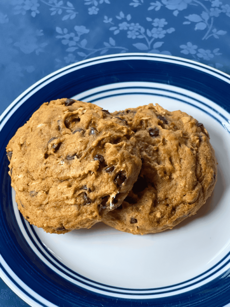 two oatmeal pumpkin chocolate chip cookies on a small blue and white plate set on a table with a blue floral table cloth