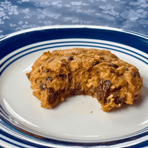 a oatmeal pumpkin chocolate chip cookie with a bite taken out of it sitting on a small blue and white plate