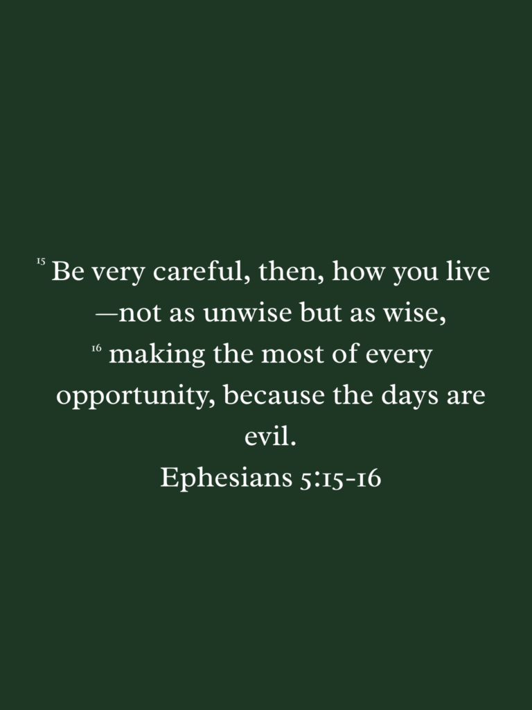 ephesians 5:15-16 - NIV translation. Be very careful, then, how you live—not as unwise but as wise, making the most of every opportunity, because the days are evil.