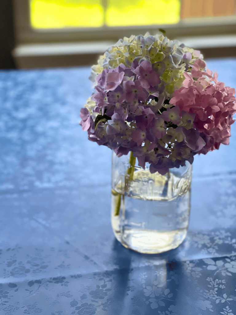 freshly cleaned table with mason jar hydrangeas