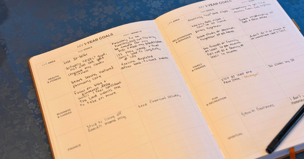 planner laying on a table opened to the "my 1-year goals" planner pages filled out with goals and reasons for different areas of life