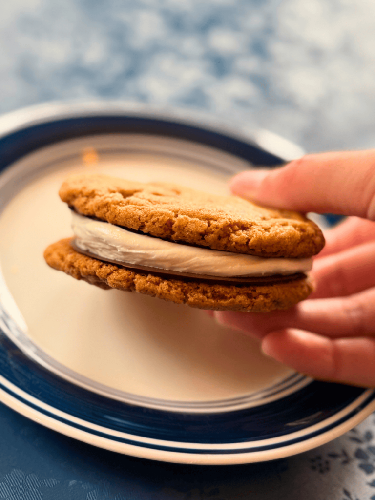 hand holding s'mores cookie sandwich over a white and blue plate