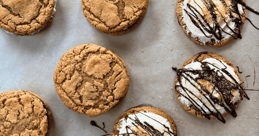 overhead shot of s'mores cookie variations - the sandwich option and frosted and drizzled