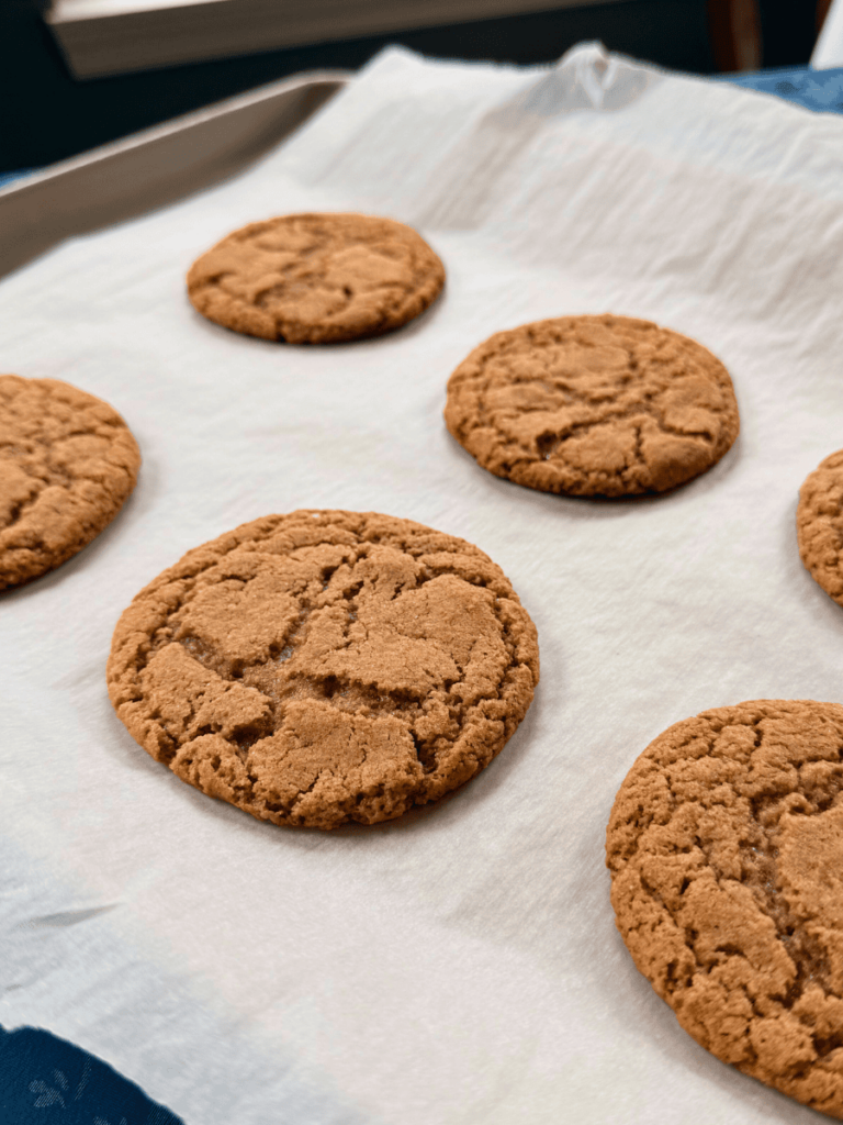 cooled graham cookie base resting on a parchment lined baking tray