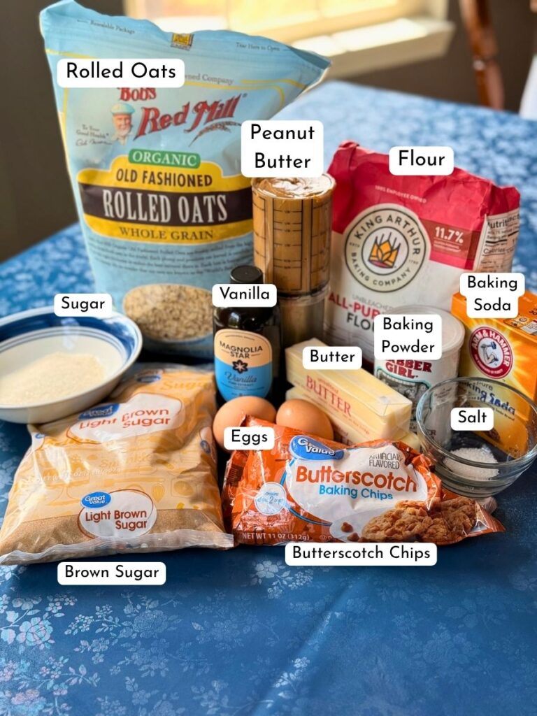 ingredients for peanut butter oatmeal cookies with butterscotch chips