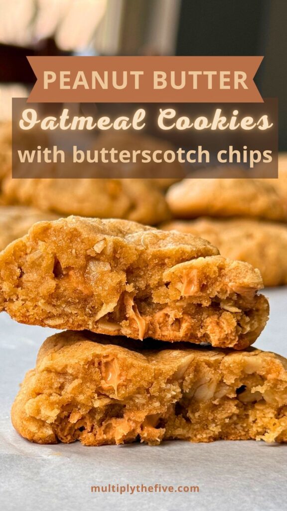 pin image for peanut butter oatmeal cookies with cookie broke in half with one half on top of the other